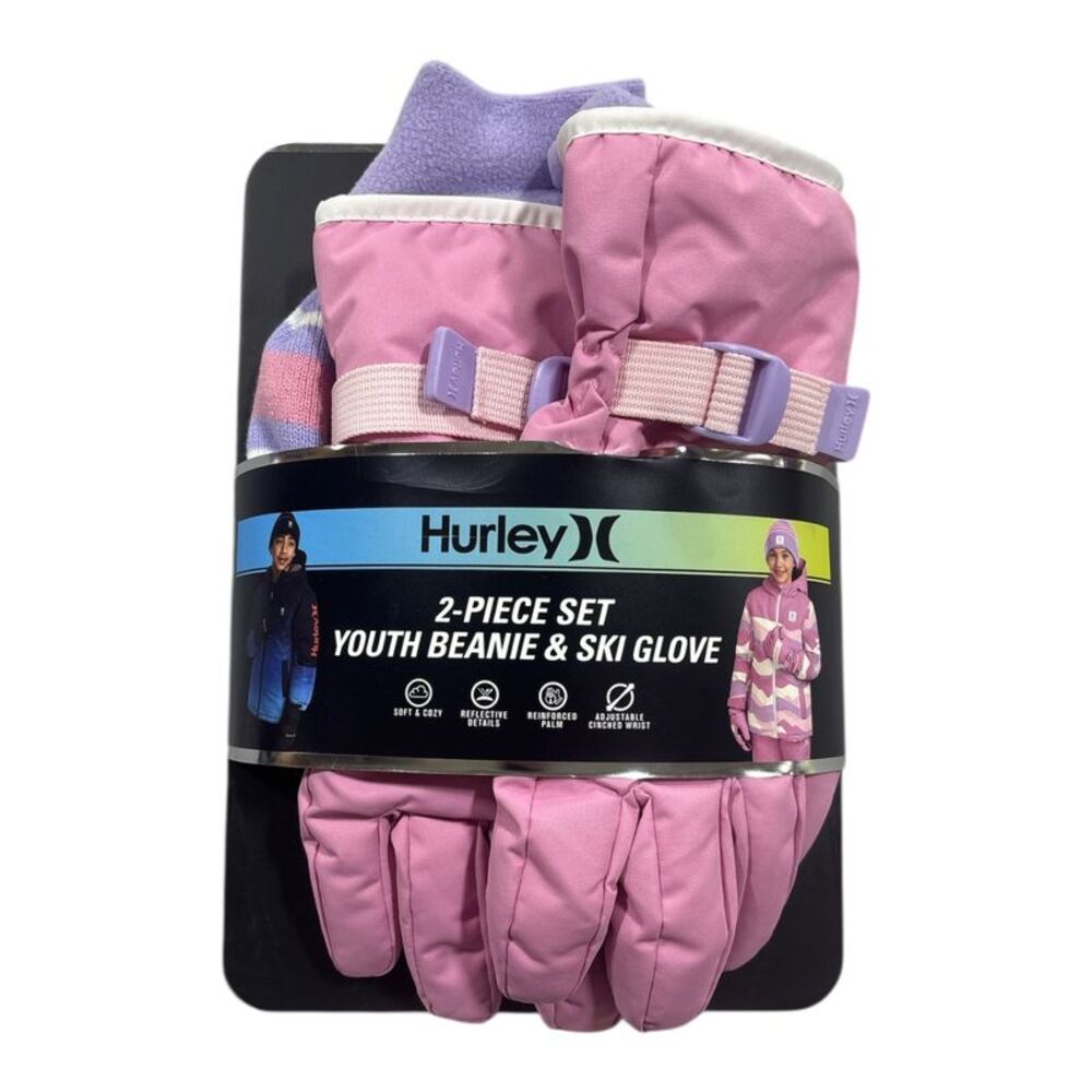 Hurley Kids 2 Piece Youth Cold Weather Knitted Beanie & Ski Glove Set - Pink